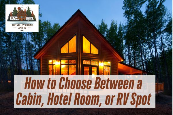 Cozy wooden cabin at dusk with warm lights with a caption How to Choose Between a Cabin, Hotel Room, or RV Spot