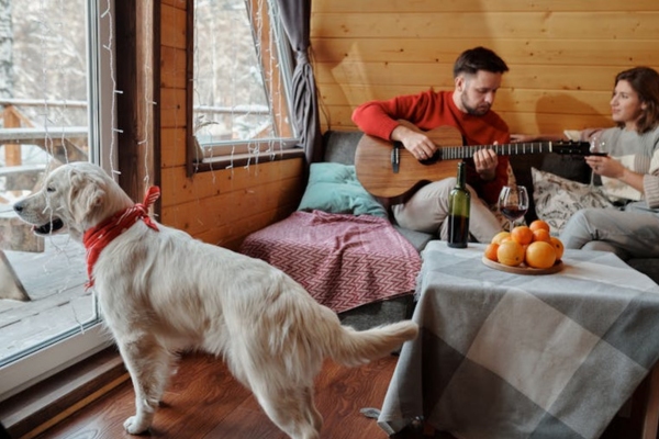 Cozy-cabin-scene-with-a-couple-relaxing-and-playing-guitar-while-their-dog-enjoys-the-snowy-view-outside