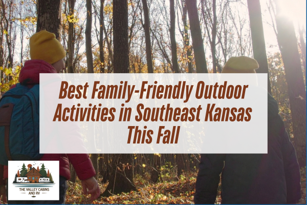 Family hiking through colorful fall woods in Southeast Kansas with a caption Best Family-Friendly Outdoor Activities in Southeast Kansas This Fall