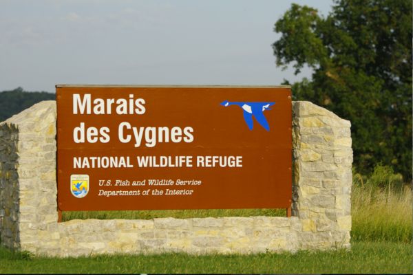 Marais des Cygnes National Wildlife Refuge entrance sign.