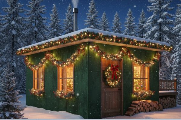 Cozy green cabin decorated with Christmas lights and garland surrounded by snow-covered trees at night.