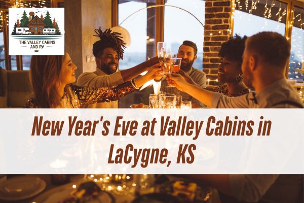 Group of friends celebrating New Year’s Eve with a toast, featuring The Valley Cabins and RV graphic and the text “New Year’s Eve at Valley Cabins in LaCygne, KS