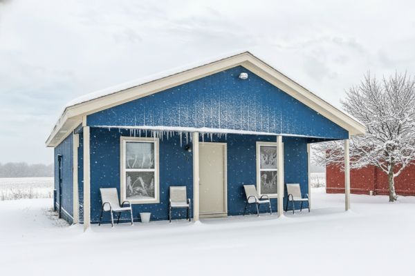 blue cabin in the winter covered with snow