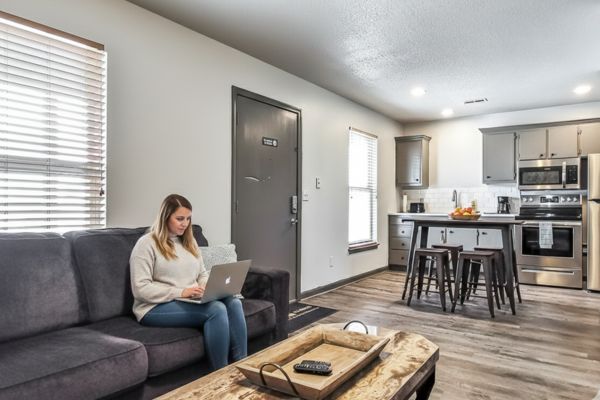 woman using a laptop working inside the cabin 