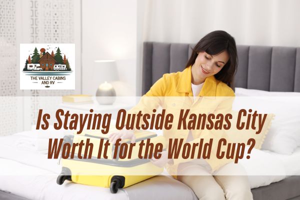 Woman packing suitcase with World Cup Kansas City travel headline and The Valley Cabins and RV logo.