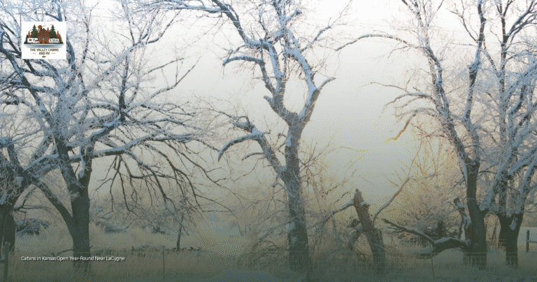 A cozy Kansas cabin surrounded by winter prairie near LaCygne with a lit fire pit